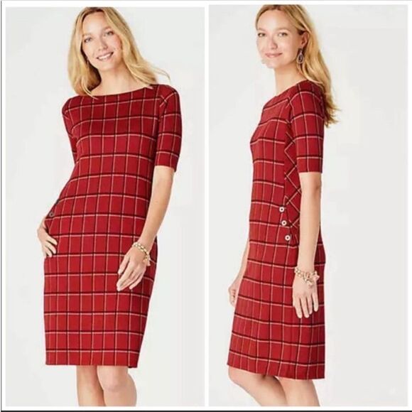J. JILL XS Red Windowpane Ponte Knit Boatneck Sheath Dress Christmas Classic - Picture 3 of 15